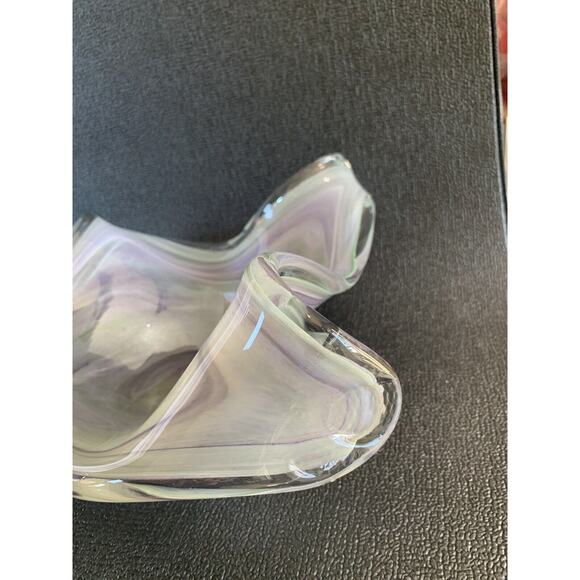 19” Murano Style Handblown Bowl Glass Ribbon Vase Wave Ribbed Purple Green Glass - Picture 14 of 16